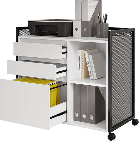 BELLEZE 3-Drawer Mobile File Cabinet Desk with Ultra-Fast USB Type A/C Outlet, Rolling Printer Stand with 2-Tier Open Shelves, Lateral Filing Cabinet for Home Office (Rider Desk - White)