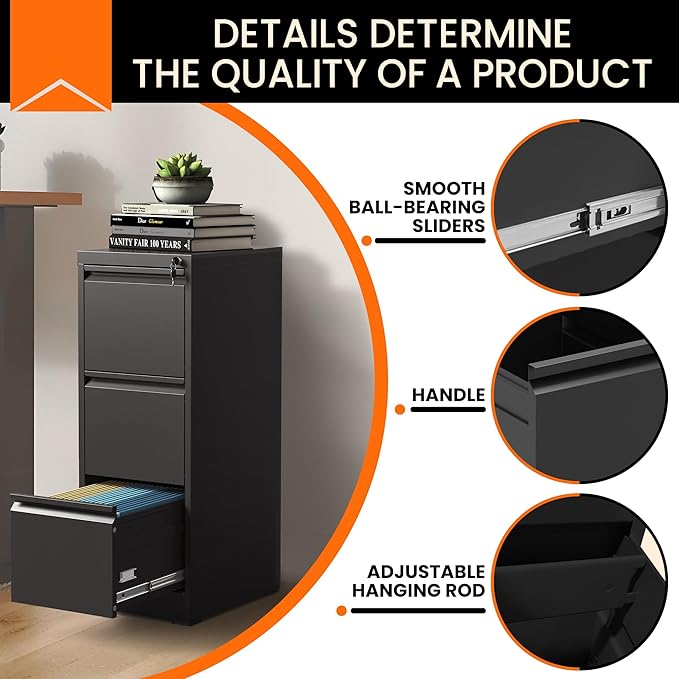 3-Drawer Locking Vertical File Cabinet, Metal Storage Cabinet for Office/Home – Secure Vertical Filing for Letter/Legal/A4/F4 Documents, Easy to Assemble Steel Cabinet, Black (Black, 3 Drawer-40"H)