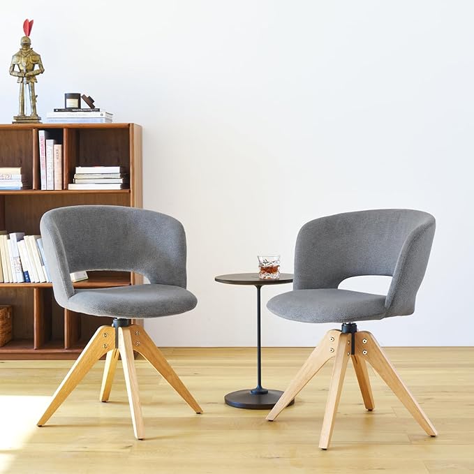 Mid Century Modern Swivel Accent Chair with Solid Wood Legs, Home Office Desk Chair No Wheels, Makeup Chair for Vanity, Upholstered Chair for Bedroom, Grey