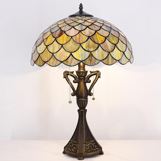 Tiffany Table Lamp 24 Inch High Antique Stained Glass Brown Fish Scales Desk Reading Light Wide 16 Inch for Bedroom Living Room Home Office