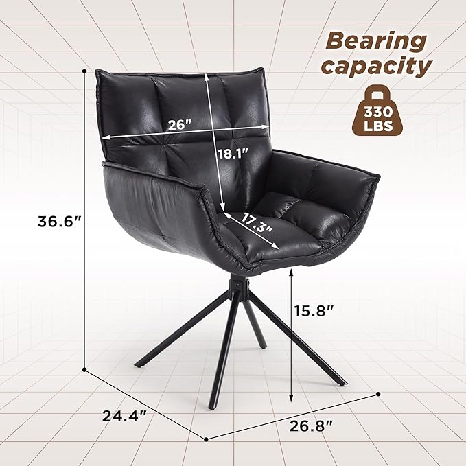 Desk Chair No Wheels, 360° Swivel Mid Century Modern Desk Chairs, Upholstered Faux Leather Swivel Accent Chair with Arms, Criss Cross Office Chair Without Wheels(Black, x1)