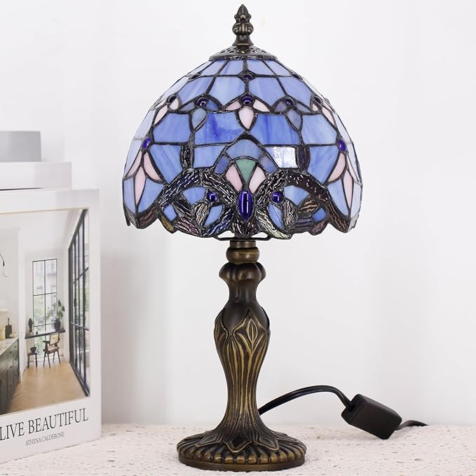 Small Tiffany Lamp Stained Glass Table Lamp Mini Desk Accent Light for Bedroom Bedside Reading Home Antique Style Decor 8X15 Inches (Blue Baroque)