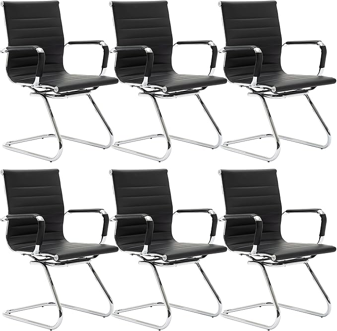 Wahson Office Guest Chairs Set of 6, Leather Reception Chairs, Mid Back Waiting Room Chair, Conference Chairs with Sled Base, Desk Chair No Wheels for Meeting/Lobby/Restroom, Black