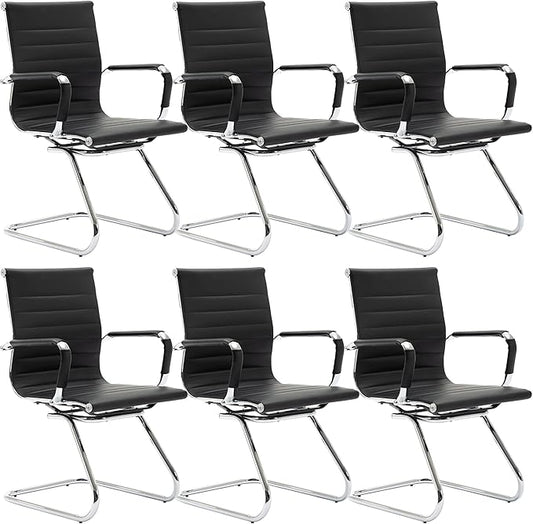 Wahson Office Guest Chairs Set of 6, Leather Reception Chairs, Mid Back Waiting Room Chair, Conference Chairs with Sled Base, Desk Chair No Wheels for Meeting/Lobby/Restroom, Black
