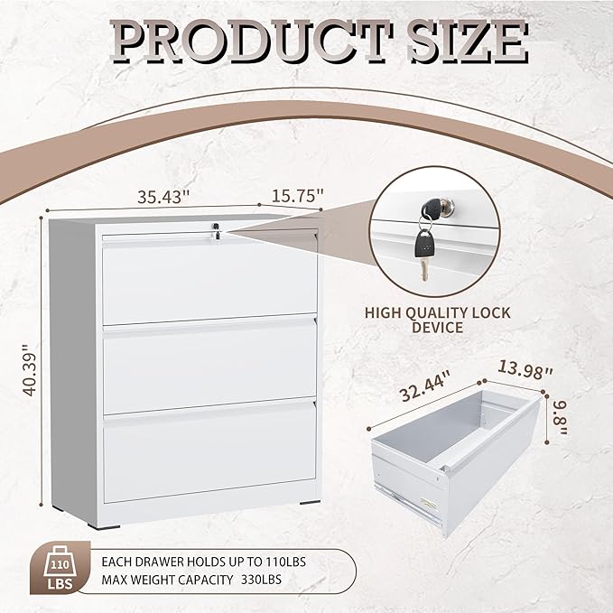 3 Drawer Lateral File Cabinet with Lock, Metal File Cabinet, Lateral File Cabinets for Home Office, Heavy Duty File Storage Cabinet for Legal/Letter/A4 Document, Assembly Required, White