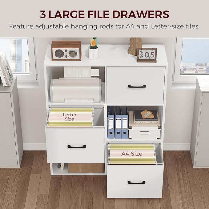 White Filing Cabinet, 3-Drawer Vertical File Cabinet, 3 Tier Bookshelf, Modern Lateral Office Cabinet, Office Storage with Adjustable Hanging Rods for A4/Letter Files, White FCWT9001