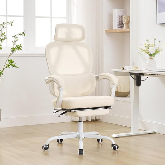 Ergonomic Office Chair with Footrest,90-135 Comfy Reclining Chairs,Home Office Desk Chair with Adjustable Lumbar Support & Headrest,Mesh High Back Computer Executive Chair (Beige)