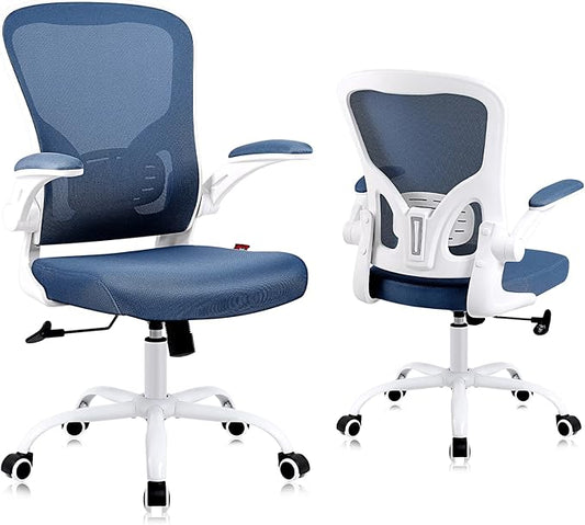 Flysky Ergonomic Office Chair, Mesh Home Office Desk Chair with Flip-up Arms and Lumbar Support, Height Adjustable, Swivel, White & Blue
