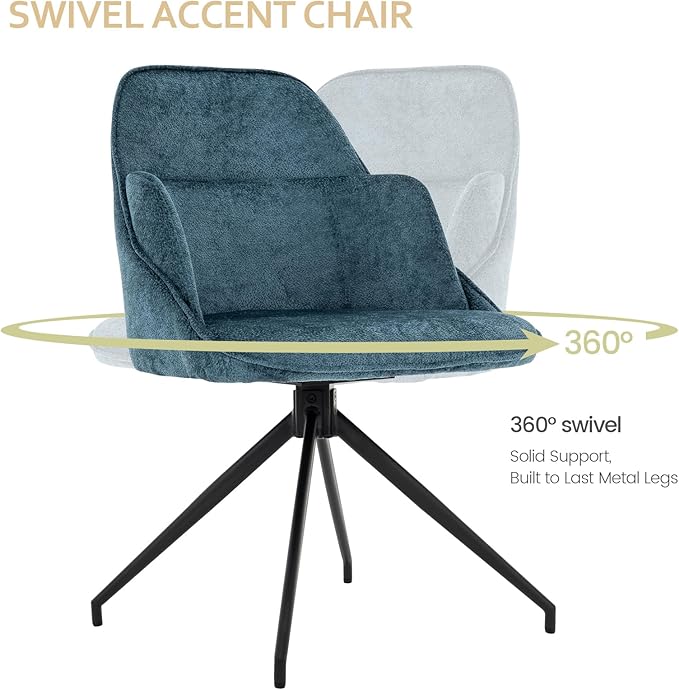 Mid-Century Modern Swivel Accent Chair, Upholstered Armless Desk Chair, No-Wheel Vanity Chair with Metal Legs for Home Office & Bedroom (Blue)