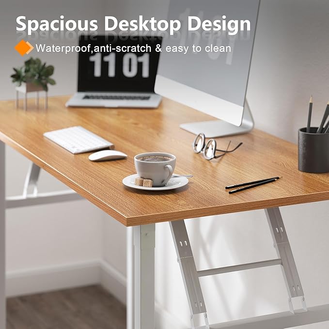 sogesfurniture Computer Desk 62 inches Office Desk Computer Table Study Writing Desk Workstation for Home Office Metal Frame Folding Table, Teak White