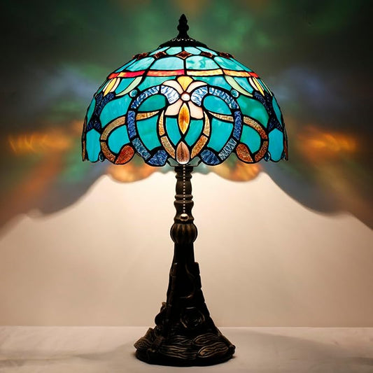 Tiffany Stained Glass Table Lamp 12X12X19 Inch Green Brown Jewelry Baroque Style Desk Bedroom Living Room Reading Light (Green Baroque)