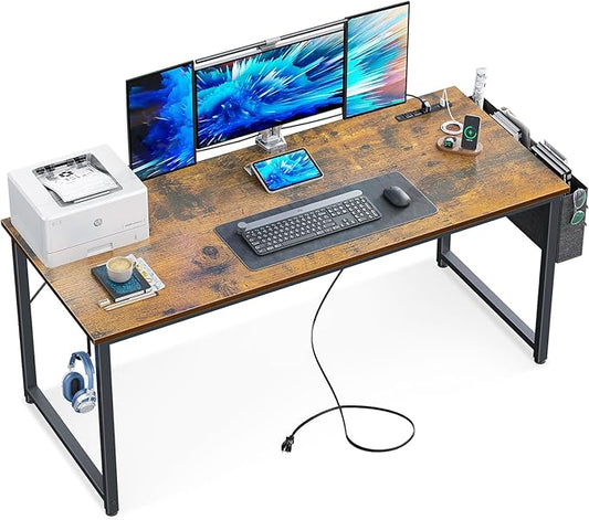 KKL Large Computer Desk with Power Outlets and USB Port Desk for Home Office Gaming Simple Modern Style Writing Desks with Storage Bag Headphone Hook, 63 inch, Rustic Brown