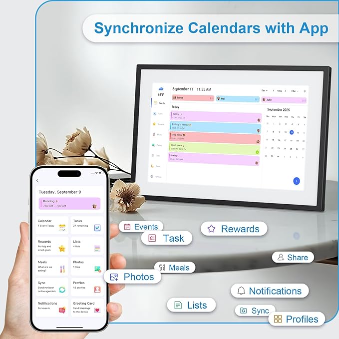 10.1 Inch Digital Calendar+Digital Picture Frame, 2025-2026 Desk Calendar Smart WiFi Planner&Chore Chart, IPS HD Interactive Touchscreen Display Gifts for Women Men, Christmas Gifts for Mom Dad