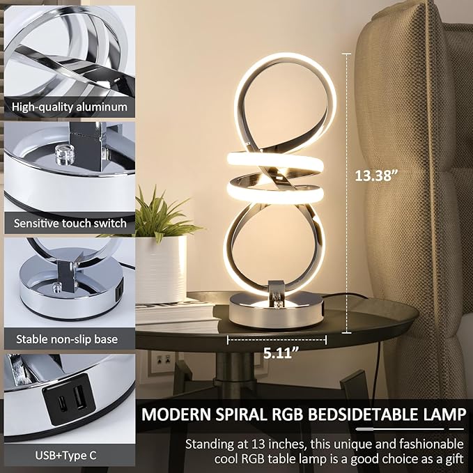 RGB Spiral Table Lamp, Modern LED Table Lamp, Chrome Cool Bedside Lamps, 7 Colors & 10 Light Modes Touch Dimmable LED Nightstand Lamp with USB/Type C for Bedroom, Living Room,Silver