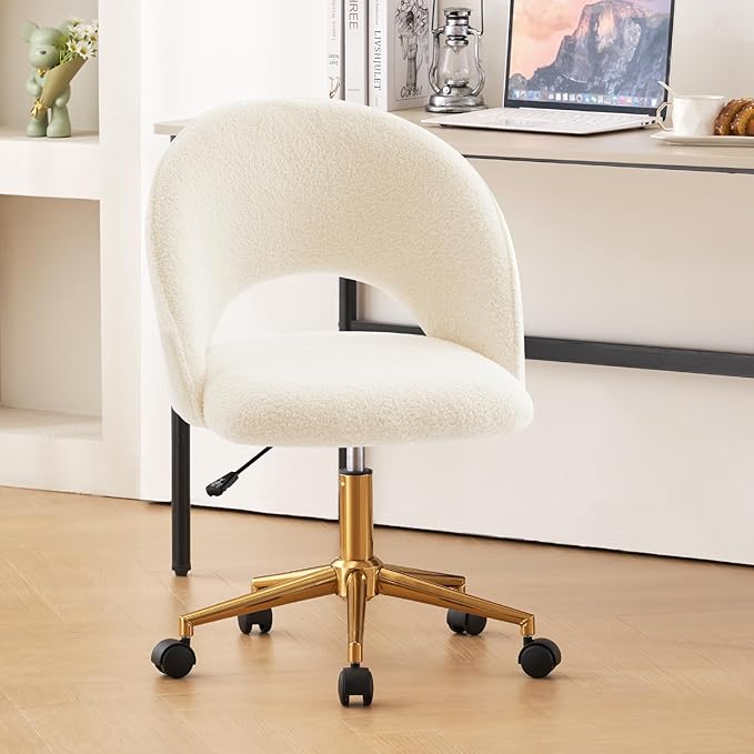 Furnimart Swivel Rolling Desk Chair, Adjustable Faux Fur Vanity Chair with Gold Legs, Cute Task Chair with Wheels for Living Room Bedroom Studying Small Places (Faux Fur White)