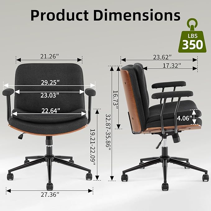Criss Cross Chair with Armrests & Wheels, Linen Fabric Adjustable Swivel Walnut Task Chair with Wide Seat, Ergonomic Mid Back Computer Office Desk Chairs for Meeting Room, Home