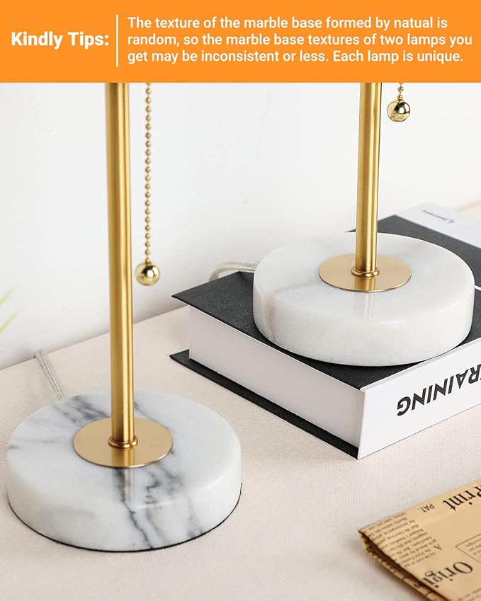 Small Table Lamp, Bedroom Lamps Set of 2, 3 Way Dimmable Bedside Lamps with Marble Base & Linen Shade &Pull Chain Nightstand Lamps 18.5 Inches Desk Lamps for Living Room(Bulbs Included)