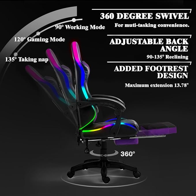 RGB LED Lights Gaming Chair with Footrest for Adults and Kids, Lumbar Support Massager Video Game Chair, High Back Reclining Gamer Chair with Headrest, Swivel Office Computer Desk Chair(Purple)