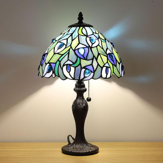 Tiffany Table Lamp for Living Room Blue Phoenix Tail Stained Glass Table Lamps for Bedroom Hand-Made 3 Color Temperature Bedside Nightstand Lamp Home Office Desk Lamp 10.1X10.1X17Inch W/LED Bulb
