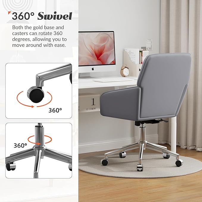 YISHENG Velvet Office Desk Chair with Silver Base, with Wheels,Modern Height Adjustable 360 Degree Swivel Upholstered Vanity Chairs with Arms for Living Room Bedroom,Gray