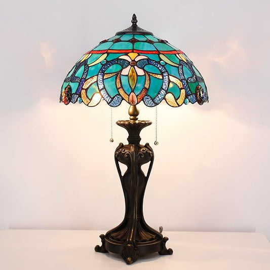 Tiffany Stained Glass Table Lamp 16X16X24 Inch Green Brown Jewelry Baroque Style Desk Bedroom Living Room Antique Reading Light (Green Brown Jewelry)