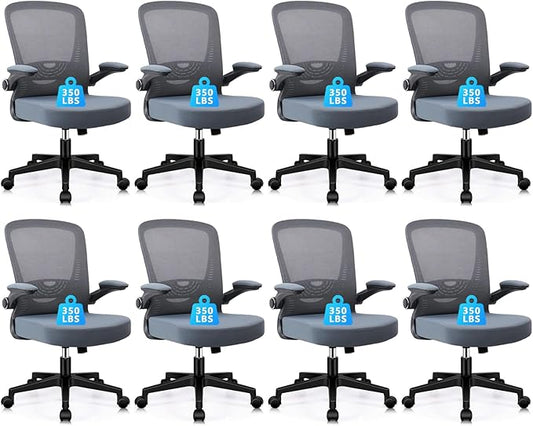 CLATINA Desk Chairs with Wheels, Ergonomic Rolling Mesh Office Chair Adjustable Height and Lumbar Support Home Office Computer Chair with Flip Up Armrests, Grey 8PK