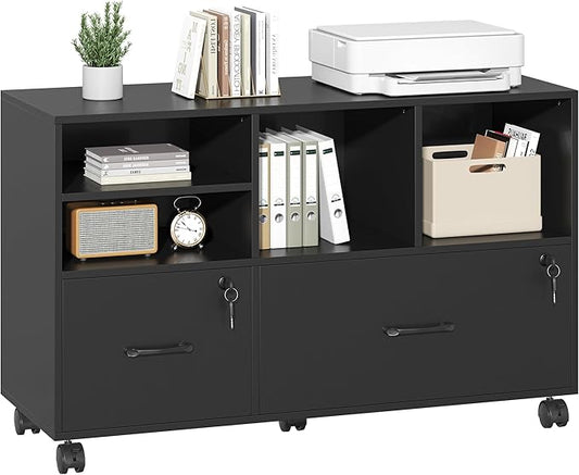 Semoic 2 Drawer Wood Lateral File Cabinet with Lock, Lockable Rolling Filing Cabinet with Adjustable Storage Shelves, Printer Stand Office Storage Cabinet for Home Office Fits Files Legal/A4, Black