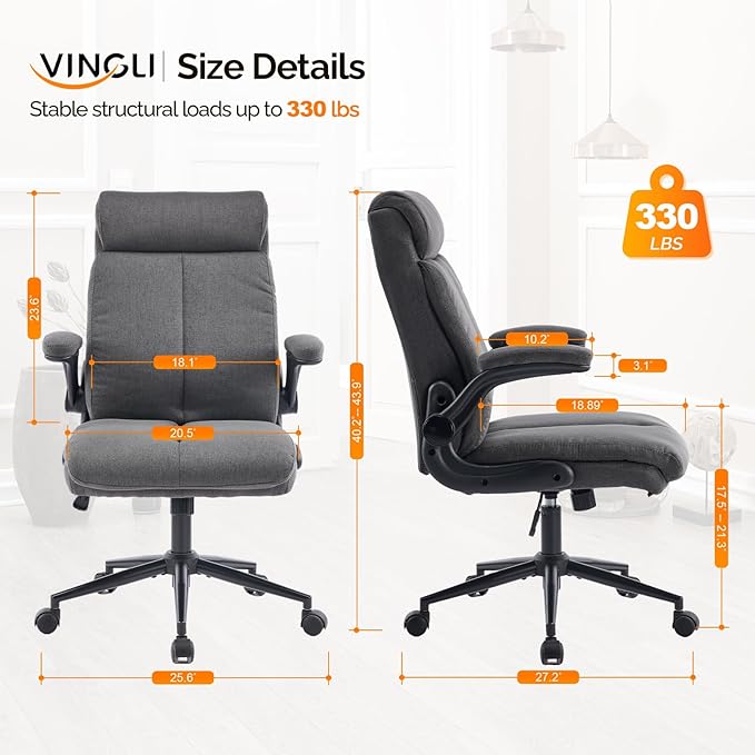 VINGLI Rolling Ergonomic Office Desk Chair with Padded Flip-up Arms, 360° Swivel High Back Executive Computer Task Chair with Wheels for Game，Home Small Space, Study Room, Reading Room, Linen Black