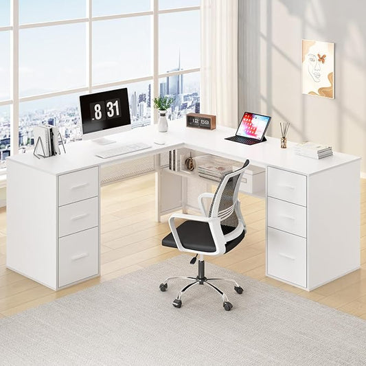 HSH White L Shaped Desk with Drawers Shelves, Large Home Office Corner Computer Desk with Storage File Cabinet, Modern Metal Wood Desk for Executive Writing Study Workstation, 59 Inch Bedroom Table