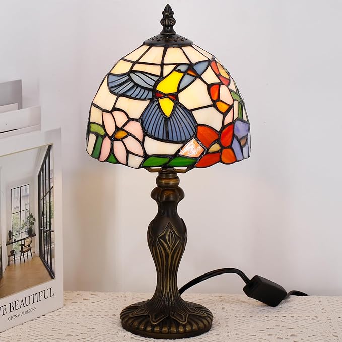 Small Tiffany Lamp Stained Glass Table Lamp Mini Desk Accent Light for Bedroom Bedside Reading Home Antique Style Decor 8X15 Inches (Hummingbird)