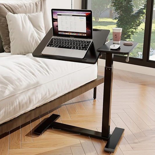 PUNCIA Height Adjustable Overbed Table with Pneumatic Lift and Wheels Split Top Tilting Tray and Rolling Laptop Desk – Bedside Cart for Reading Computer Work Study in Bedroom and Home Office