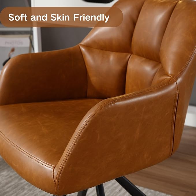 Brown Home Office Chair with Arms, Comfy Desk Chair No Wheels, Upholstered Leather Computer Chair, Swivel Accent Chair for Bedroom, Office, Small Spaces