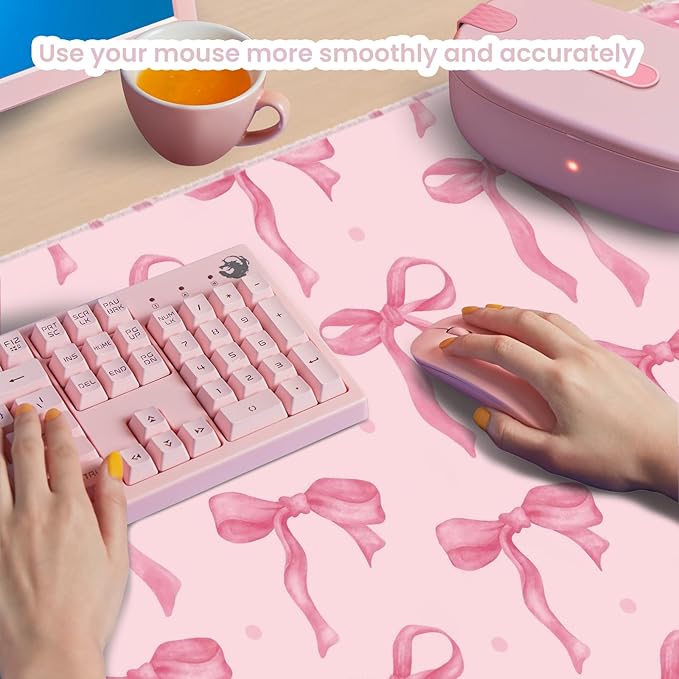 Large Mouse Pad, Pink Bow Desk Mat Gaming Mouse Pad 31.5 x 11.8in for Laptop Computer PC, Non-Slip Rubber Base Cute Bows Mousepad Office Accessories Desktop Decor Bow Coquette Mat for Girls