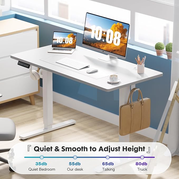 Sweetcrispy Electric Standing Desk Adjustable Height, 55x24 Inch Sit Stand Up Home Office Desks Computer Workstation PC Work Table with 3 Memory Preset Splice Wood Board Metal Frame, White