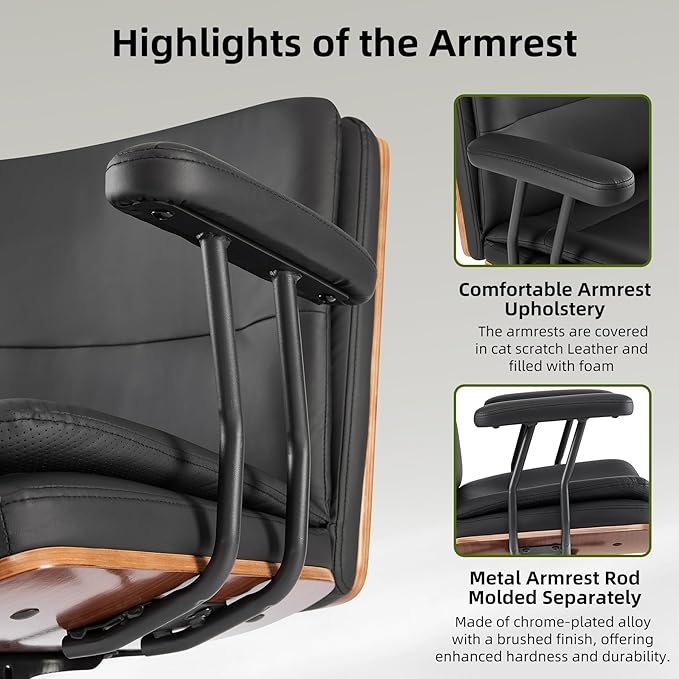 Criss Cross Chair with Armrests & Wheels, PU Leather Adjustable Swivel Walnut Task Chair with Wide Seat, Ergonomic Mid Back Computer Office Desk Chairs for Meeting Room, Home