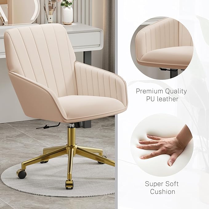 YISHENG Velvet Office Desk Chair with Gold Base, with Wheels,Modern Height Adjustable 360 Degree Swivel Upholstered Vanity Chairs with Arms for Living Room Bedroom,Khaki