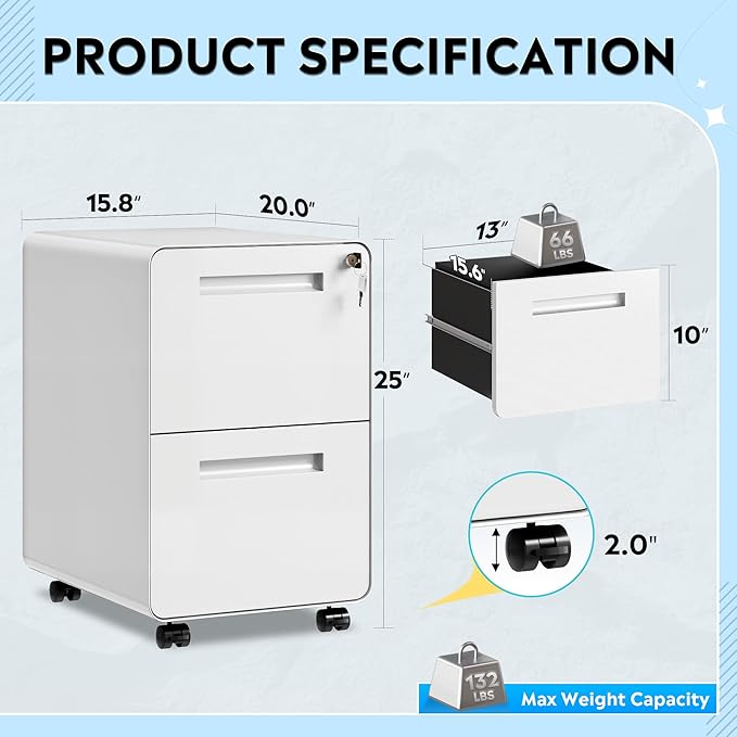 DEVAISE 2-Drawer File Cabinet with Lock, 0.7mm Thick Steel Mobile Filing Cabinet for Home Office, Under Desk Storage Organizer with Rounded Corners, Fully Assembled, 20" D x 15.8" W x 25" H, White