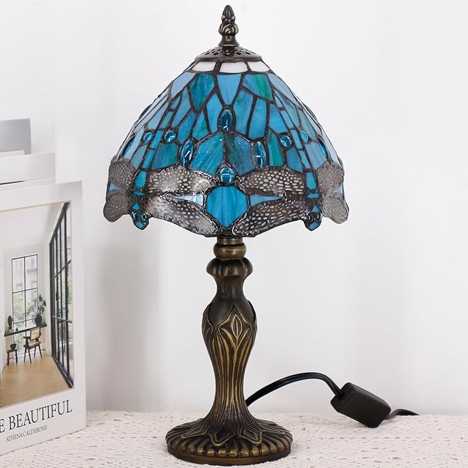 Small Tiffany Lamp Stained Glass Table Lamp Mini Desk Accent Light for Bedroom Bedside Reading Home Antique Style Decor 8X15 Inches (Green Dragonfly)