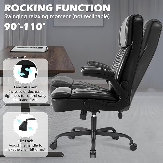 400lbs Executive Office Chair with Flip up Arm,Ergonomic Big and Tall Computer Desk Chairs,Breathable PU Leather Chair with Adjustable Lumbar Support,High Back Ofiice Chair with Pocket Spring Cushion