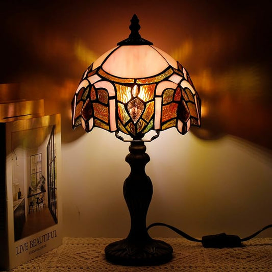 Small Tiffany Lamp Stained Glass Table Lamp Mini Desk Accent Light for Bedroom Bedside Reading Home Antique Style Decor 8X15 Inches (Pink Jewelry)