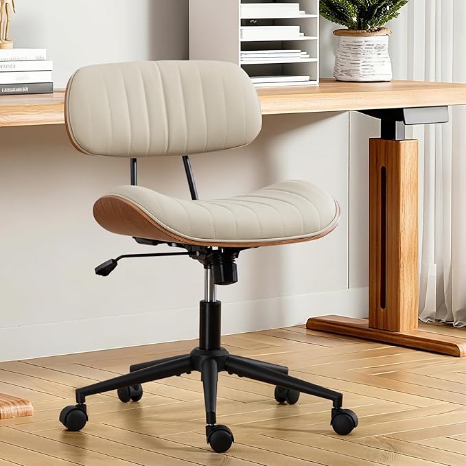 Home Office Chair with Wheels, Adjustable Height Desk Chair Leather Swivel Computer Chair, Armless Modern Walnut Chair for Office, Meeting Room, White
