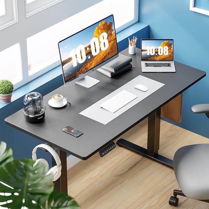 Sweetcrispy Electric Standing Desk Adjustable Height, 48x24 Inch Sit Stand Up Home Office Desks Computer Workstation PC Work Table with 3 Memory Preset Splice Wood Board Metal Frame, Black