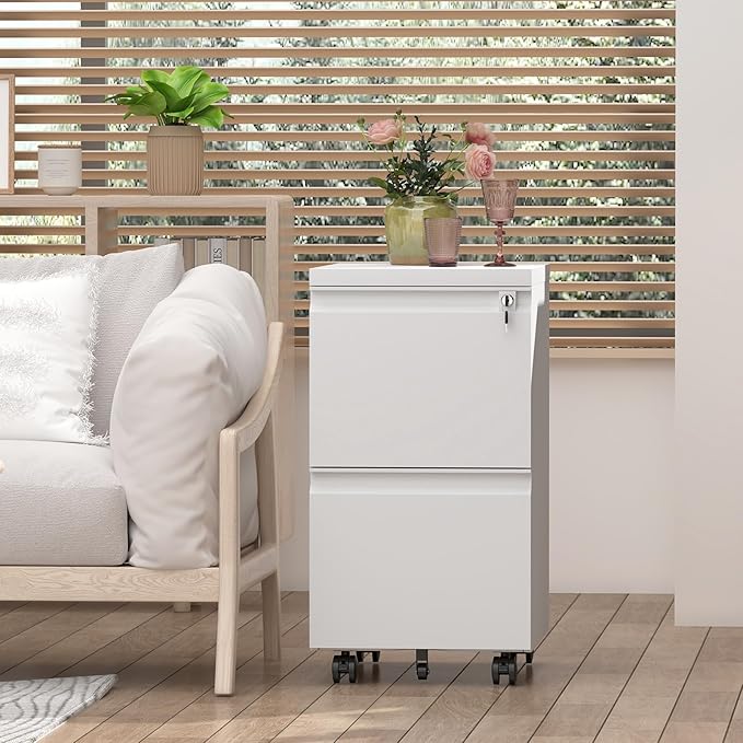 2 Drawer File Cabinet on Wheels,29" H White Filing Cabinet with Lock,Under Desk Metal File Cabinet for Home Office Organizer Letters/Legal/A4(Assembly Required)