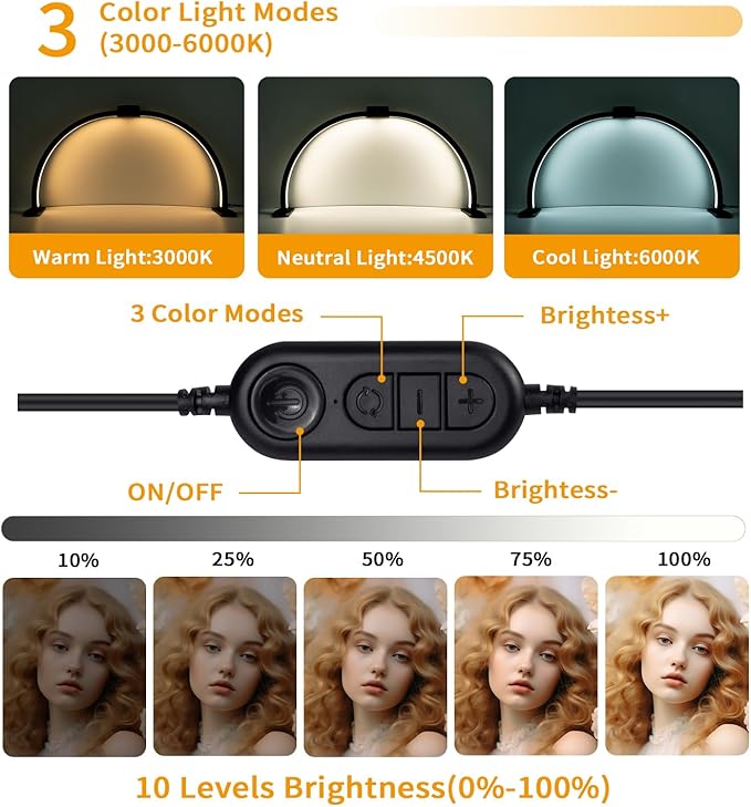 Half Moon Light for Nail Desk,29In Half Moon Lamp with Phone Holder,3000-6000K Nail Lamp Perfect LED Machine Light for Table (Black)