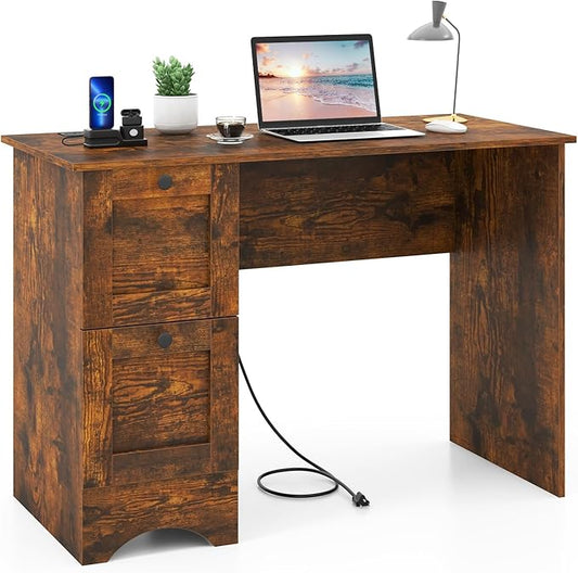Tangkula Computer Desk with Drawers & Charging Station, Wooden Home Office Desk PC Laptop Notebook Desk, Compact Study Desk Writing Desk, Computer Workstation Ideal for Home & Office (Rustic Brown)