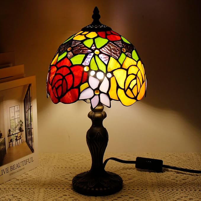 Small Tiffany Lamp Stained Glass Table Lamp Mini Desk Accent Light for Bedroom Bedside Reading Home Antique Style Decor 8X15 Inches (Red Yellow)