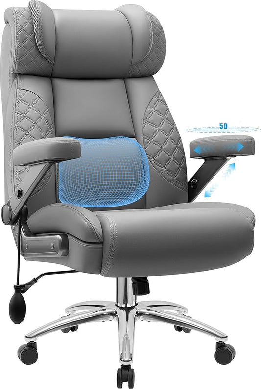 Office Chair, 5D Flip Arm Ergonomic Desk Chair with Adjustable Lumbar Support for Back Pain, Extra Wide 500LBS Comfy Big and Tall Office Chair, Executive Leather Computer Game Chair for Heavy People
