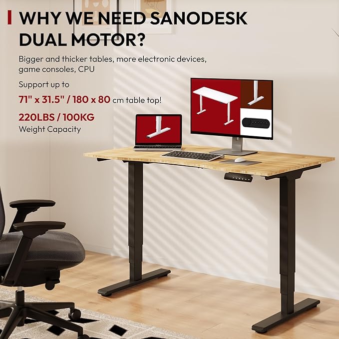 Height Adjustable Standing Desk 3 Stages Dual Motor Stand Up 48” Whole-Piece Bamboo Desktop Computer Desk, Electric Sit-Stand for Home Office(Black Frame/ 48” x 24” Curved Natural Bamboo Top)