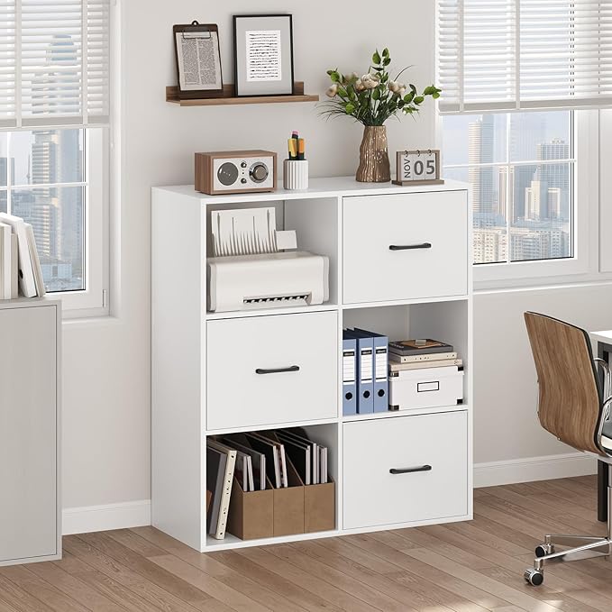 White Filing Cabinet, 3-Drawer Vertical File Cabinet, 3 Tier Bookshelf, Modern Lateral Office Cabinet, Office Storage with Adjustable Hanging Rods for A4/Letter Files, White FCWT9001