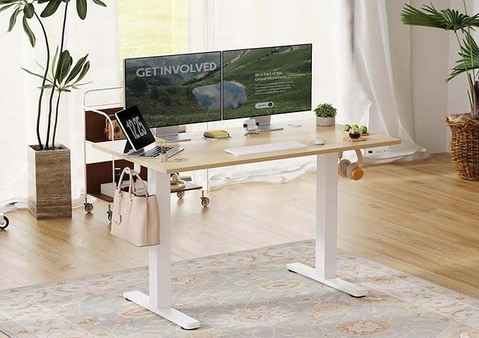 Seang Electric Standing Desk Adjustable Height, 55 x 24 Inch Sit Stand Desk with T-Shaped Frame, 3 Memory Presets & Cable Management for Home Office Computer Workstation, White Frame/Nature Top